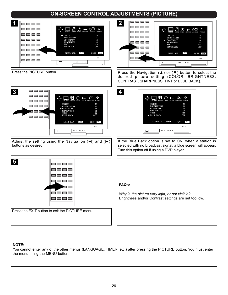 On-screen control adjustments (picture), 26 press the picture button, Press the exit button to exit the picture menu | Memorex MT2245 User Manual | Page 27 / 39