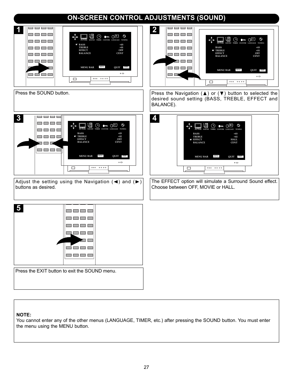 On-screen control adjustments (sound), Press the sound button, Press the exit button to exit the sound menu | Memorex MT2245 User Manual | Page 28 / 39