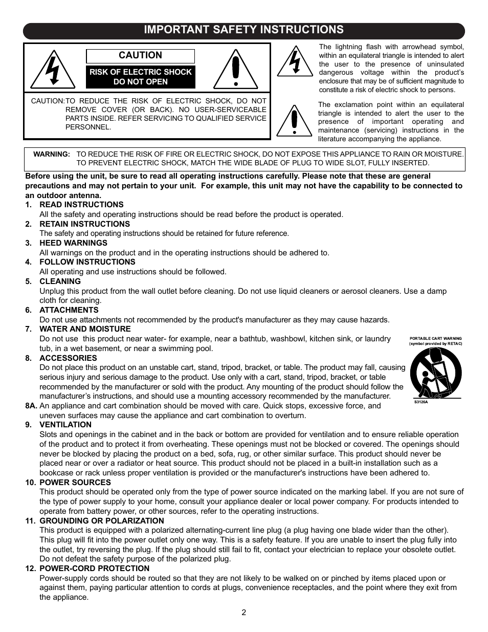 Important safety instructions, Caution | Memorex MT2245 User Manual | Page 3 / 39