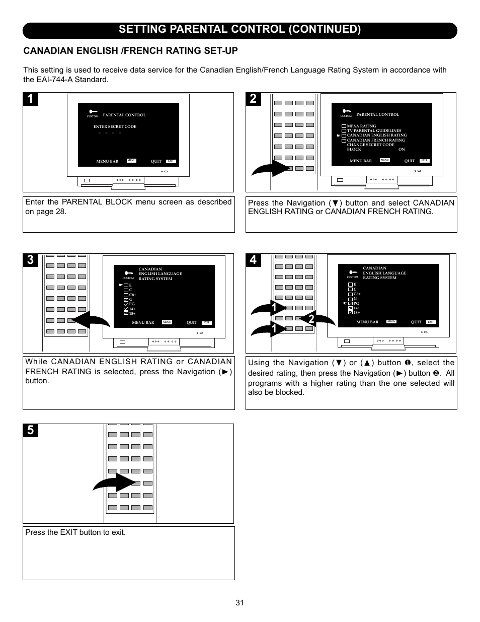 Setting parental control (continued), Canadian english /french rating set-up | Memorex MT2245 User Manual | Page 32 / 39