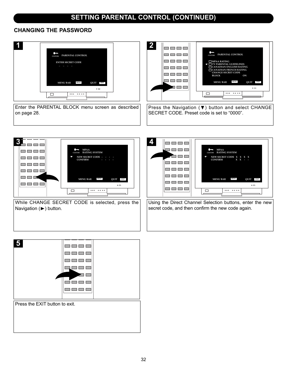 Setting parental control (continued), Changing the password, Press the exit button to exit | Memorex MT2245 User Manual | Page 33 / 39