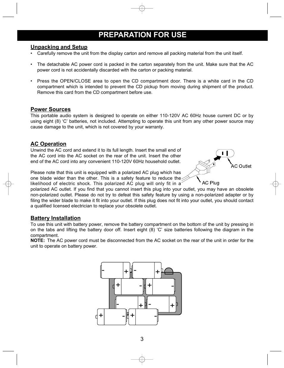 Preparation for use | Memorex MP3830O User Manual | Page 4 / 14