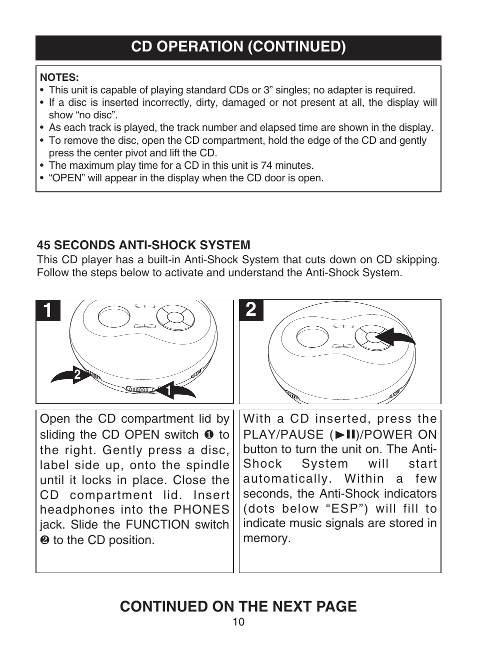 Cd operation (continued), Continued on the next page | Memorex MD6441 User Manual | Page 11 / 19