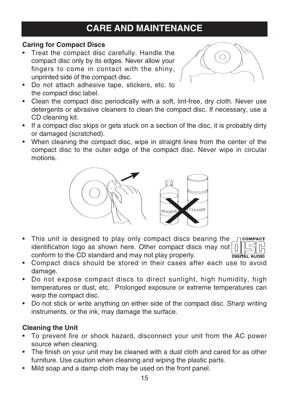 Care and maintenance | Memorex MD6441 User Manual | Page 16 / 19