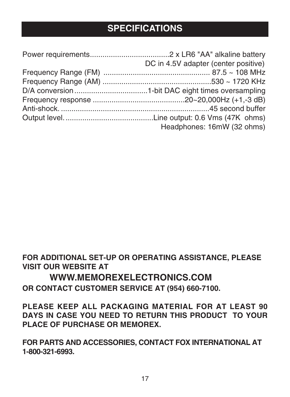 Specifications | Memorex MD6441 User Manual | Page 18 / 19