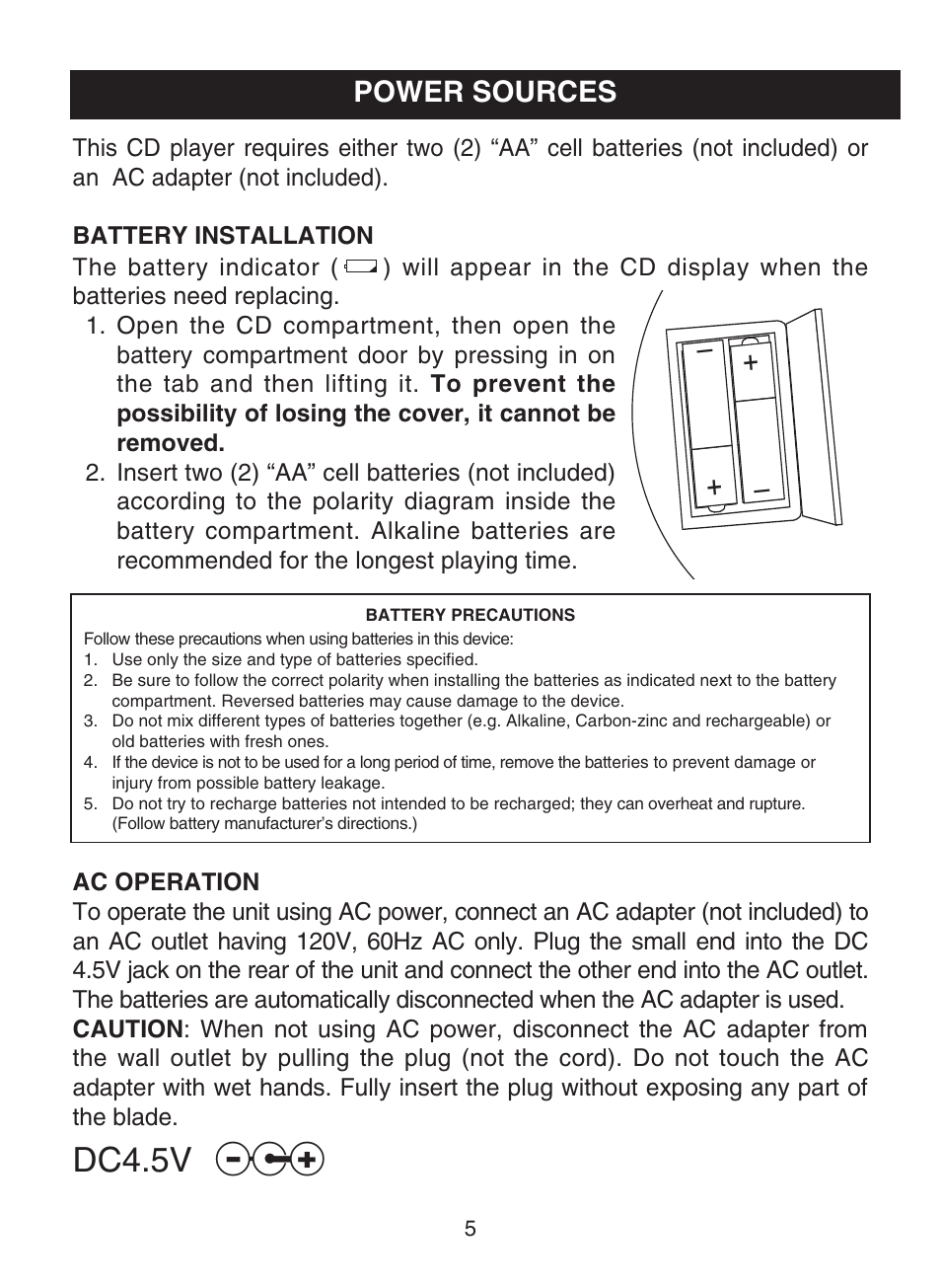 Dc4.5v, Power sources | Memorex MD6441 User Manual | Page 6 / 19