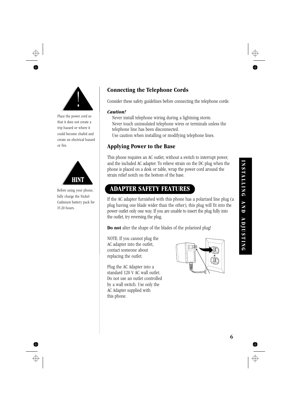 Adapter safety features, Connecting the telephone cords, Applying power to the base | Memorex MPH6929 User Manual | Page 11 / 42