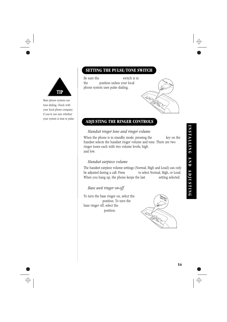Setting the pulse/tone switch, Adjusting the ringer controls | Memorex MPH6929 User Manual | Page 19 / 42