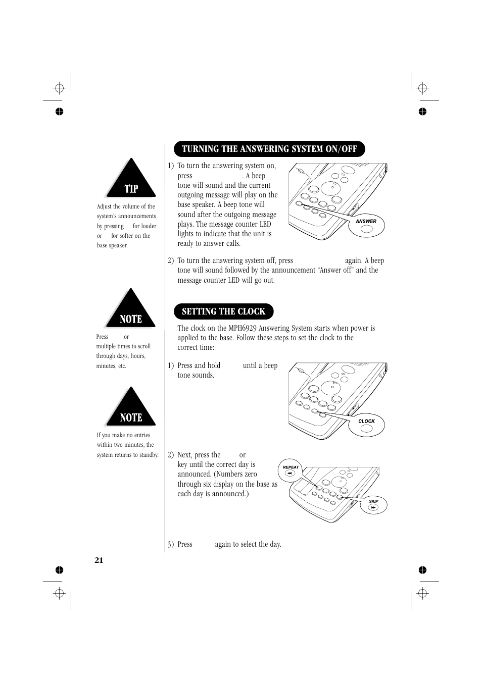 Turning the answering system on/off, Setting the clock | Memorex MPH6929 User Manual | Page 26 / 42