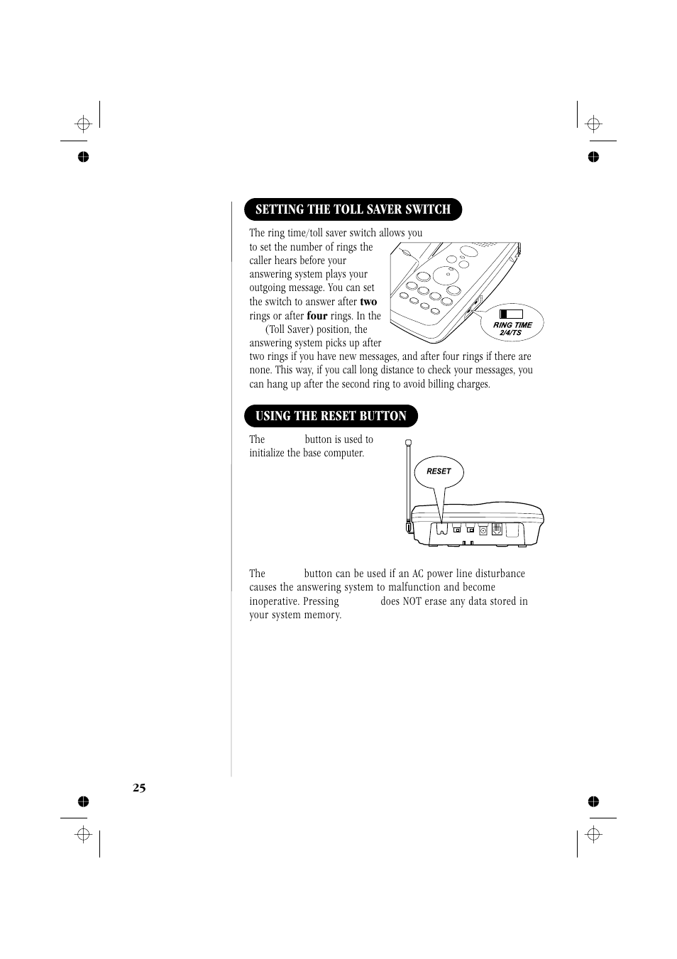 Setting the toll saver switch, Using the reset button | Memorex MPH6929 User Manual | Page 30 / 42
