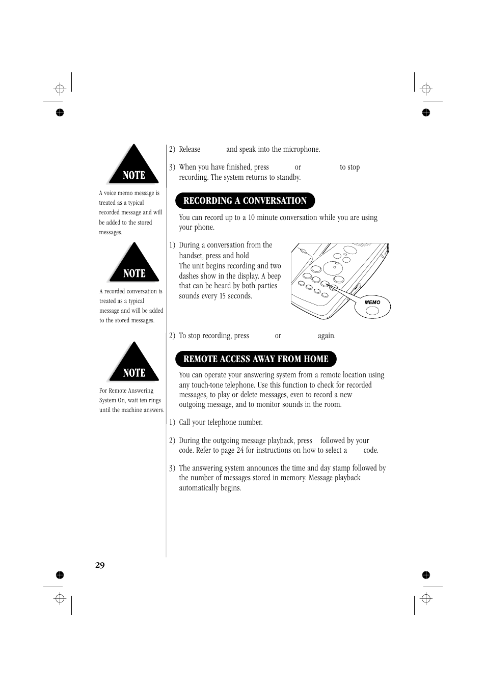 Recording a conversation, Remote access away from home | Memorex MPH6929 User Manual | Page 34 / 42