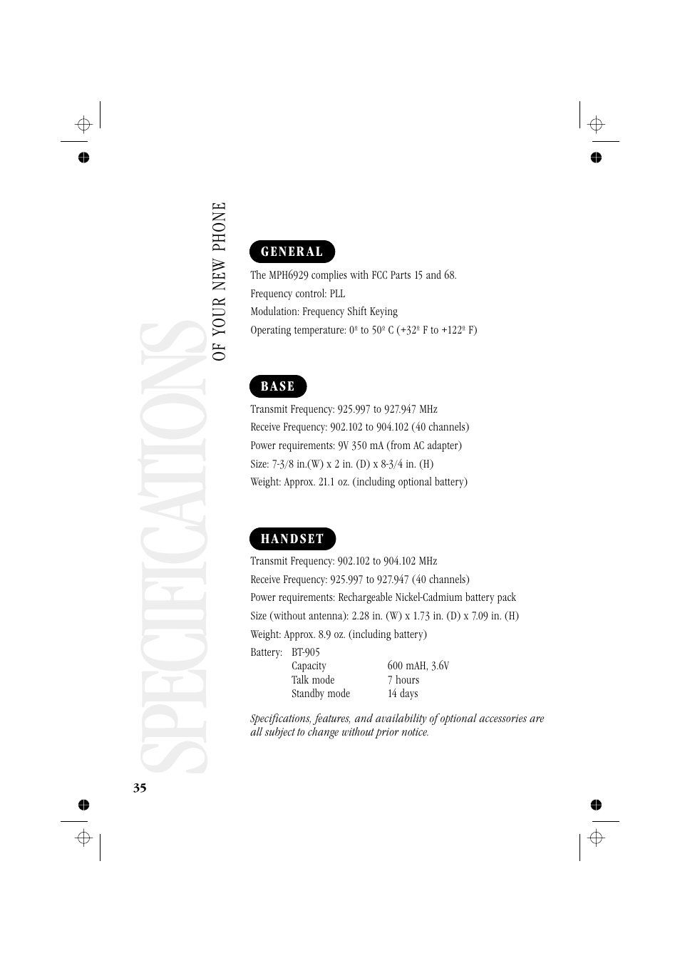 Specifica tions | Memorex MPH6929 User Manual | Page 40 / 42