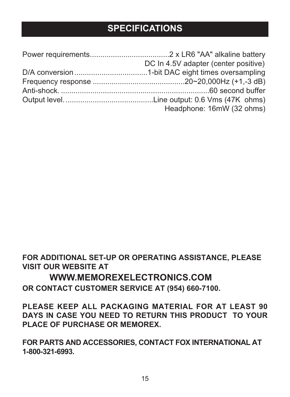 Specifications | Memorex MD6447 User Manual | Page 16 / 32