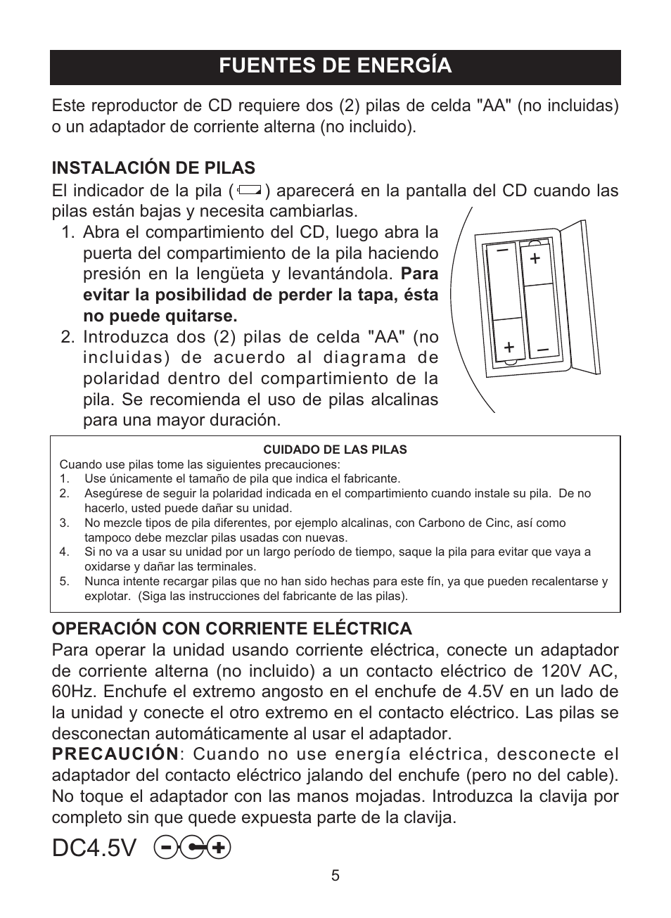 Dc4.5v, Fuentes de energía | Memorex MD6447 User Manual | Page 21 / 32