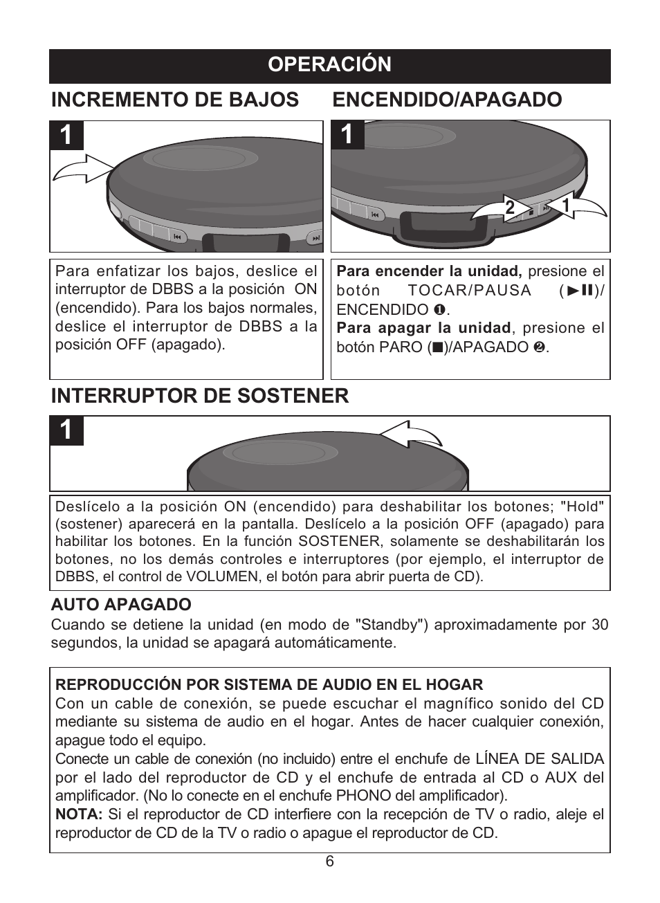 Operación, Incremento de bajos encendido/apagado, Interruptor de sostener | Memorex MD6447 User Manual | Page 22 / 32