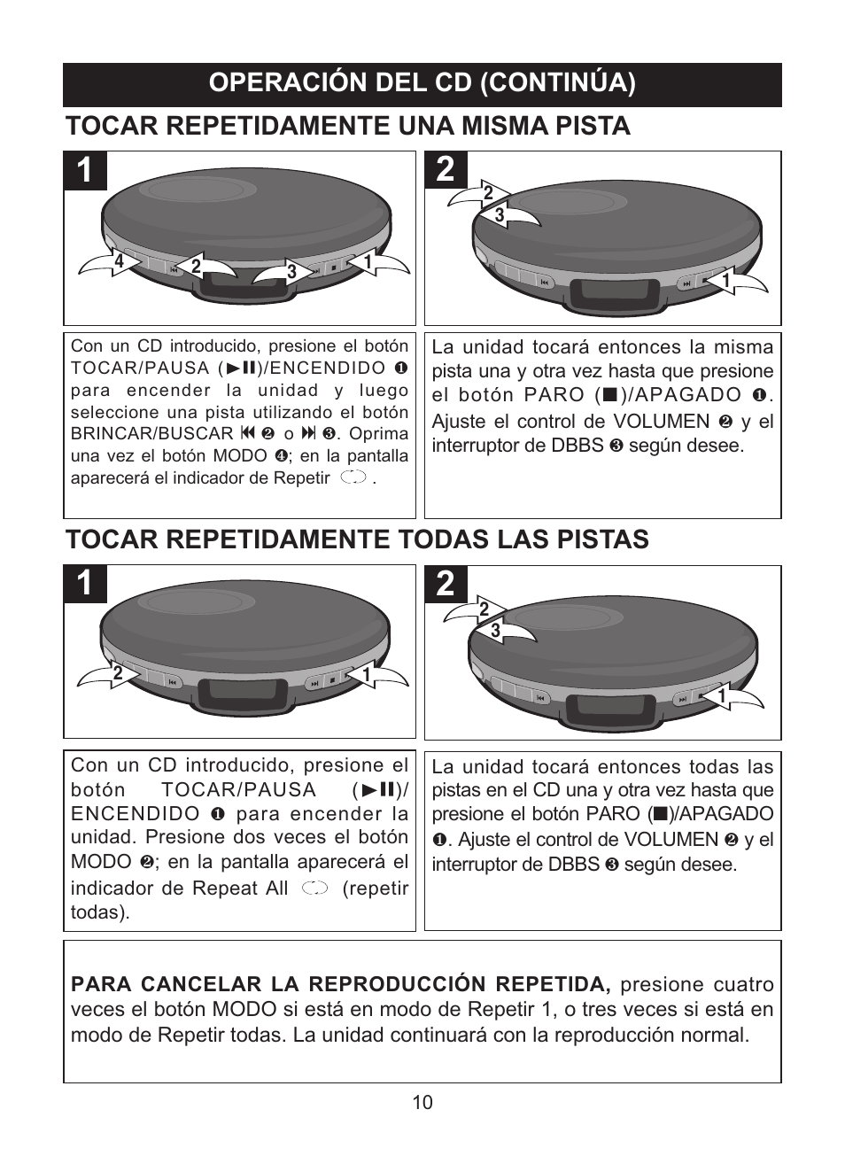 Operación del cd (continúa), Tocar repetidamente una misma pista, Tocar repetidamente todas las pistas | Memorex MD6447 User Manual | Page 26 / 32