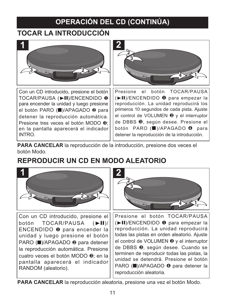 Operación del cd (continúa), Tocar la introducción, Reproducir un cd en modo aleatorio | Memorex MD6447 User Manual | Page 27 / 32