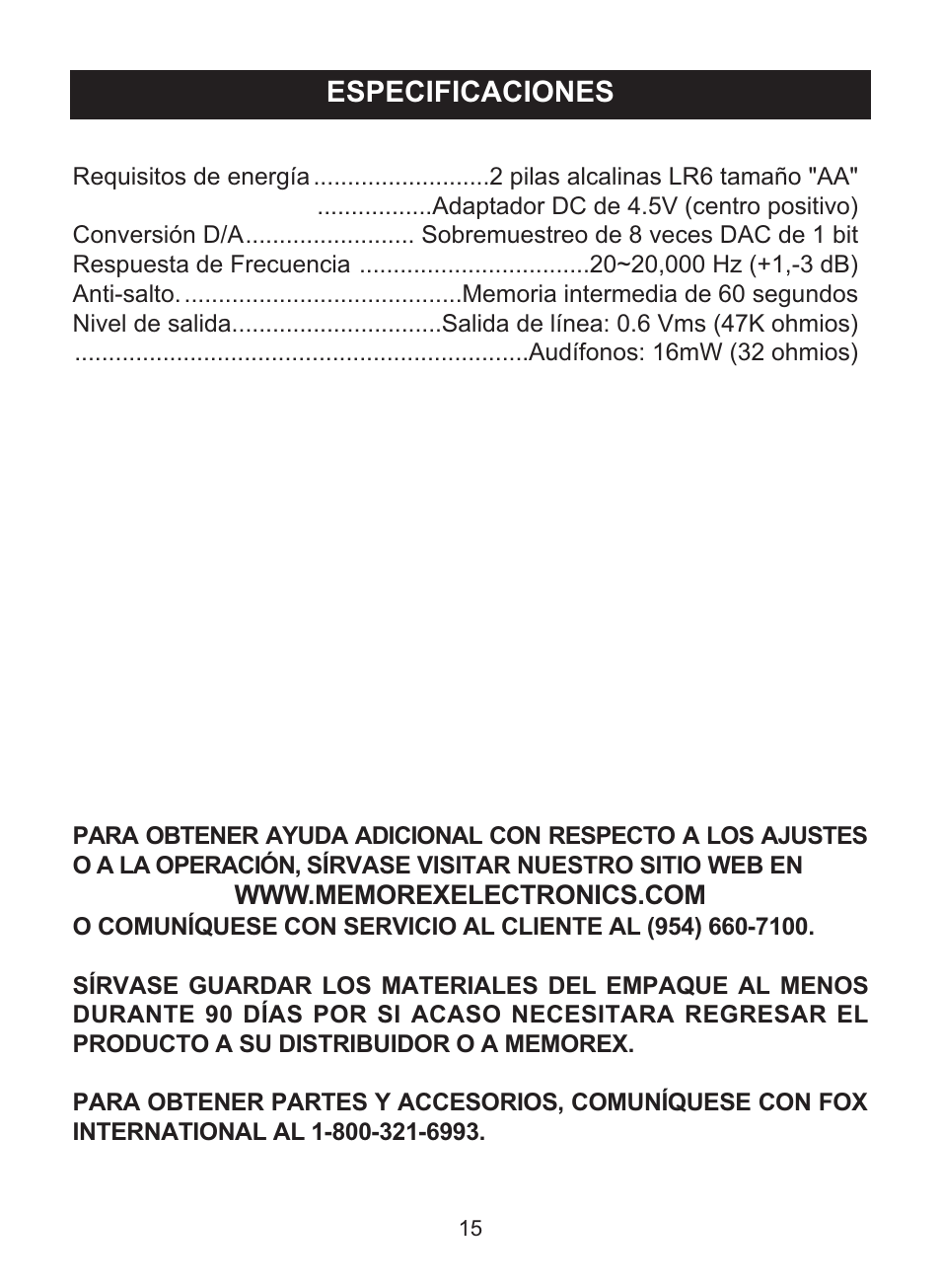 Especificaciones | Memorex MD6447 User Manual | Page 31 / 32