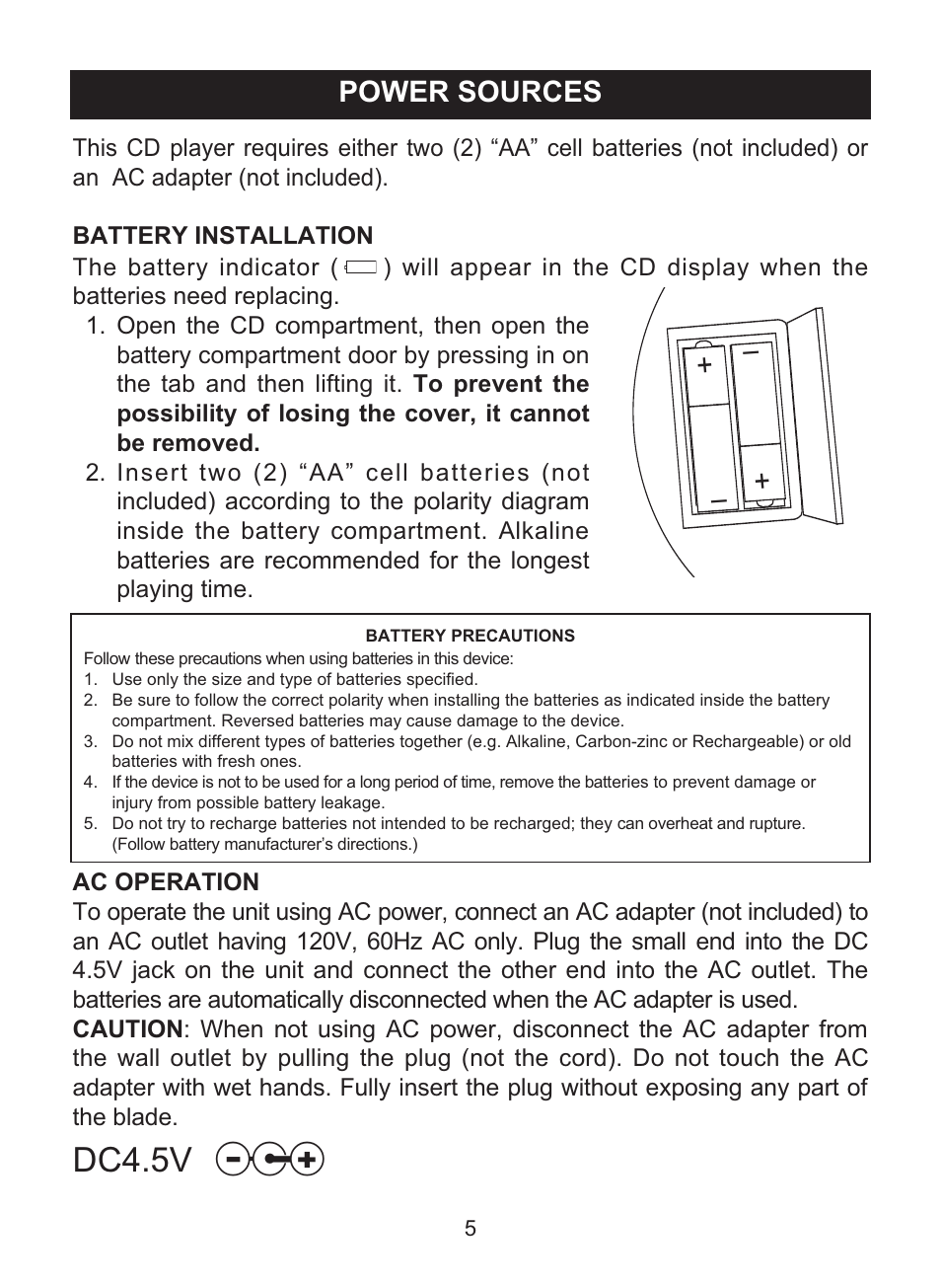 Dc4.5v, Power sources | Memorex MD6447 User Manual | Page 6 / 32