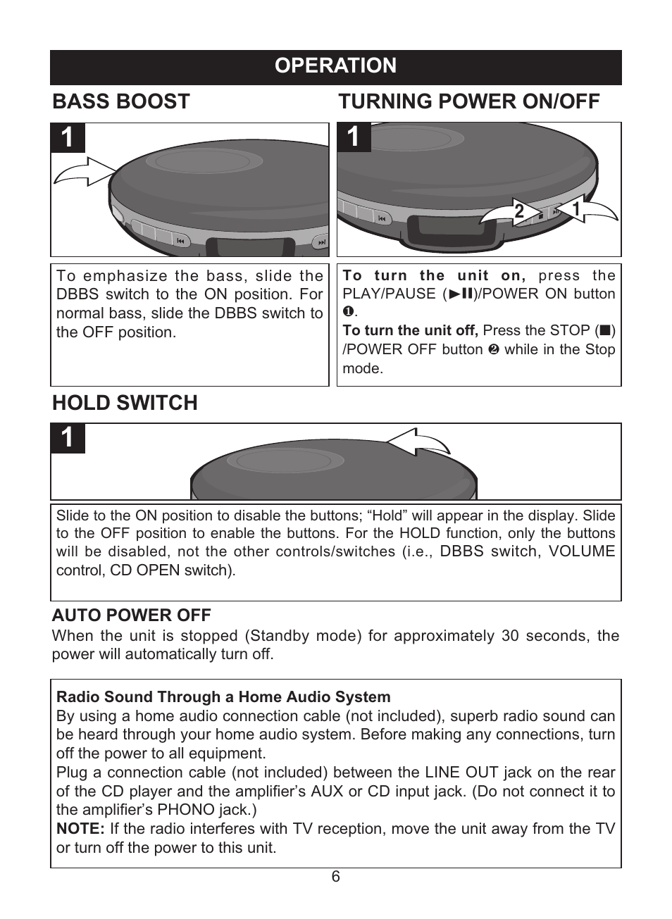 Operation, Bass boost turning power on/off, Hold switch | Memorex MD6447 User Manual | Page 7 / 32