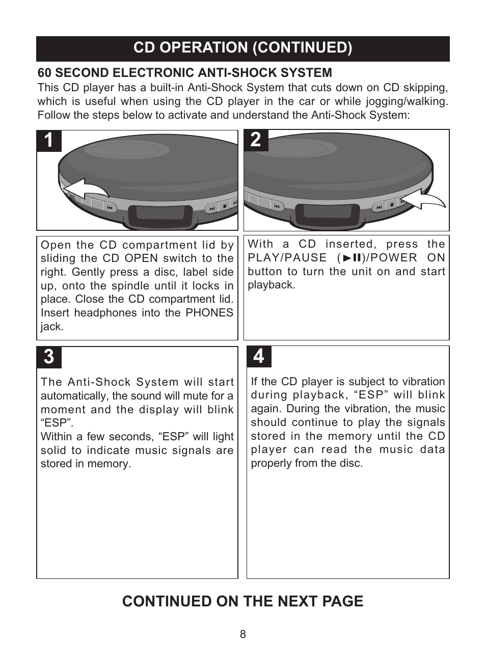 Cd operation (continued), Continued on the next page | Memorex MD6447 User Manual | Page 9 / 32