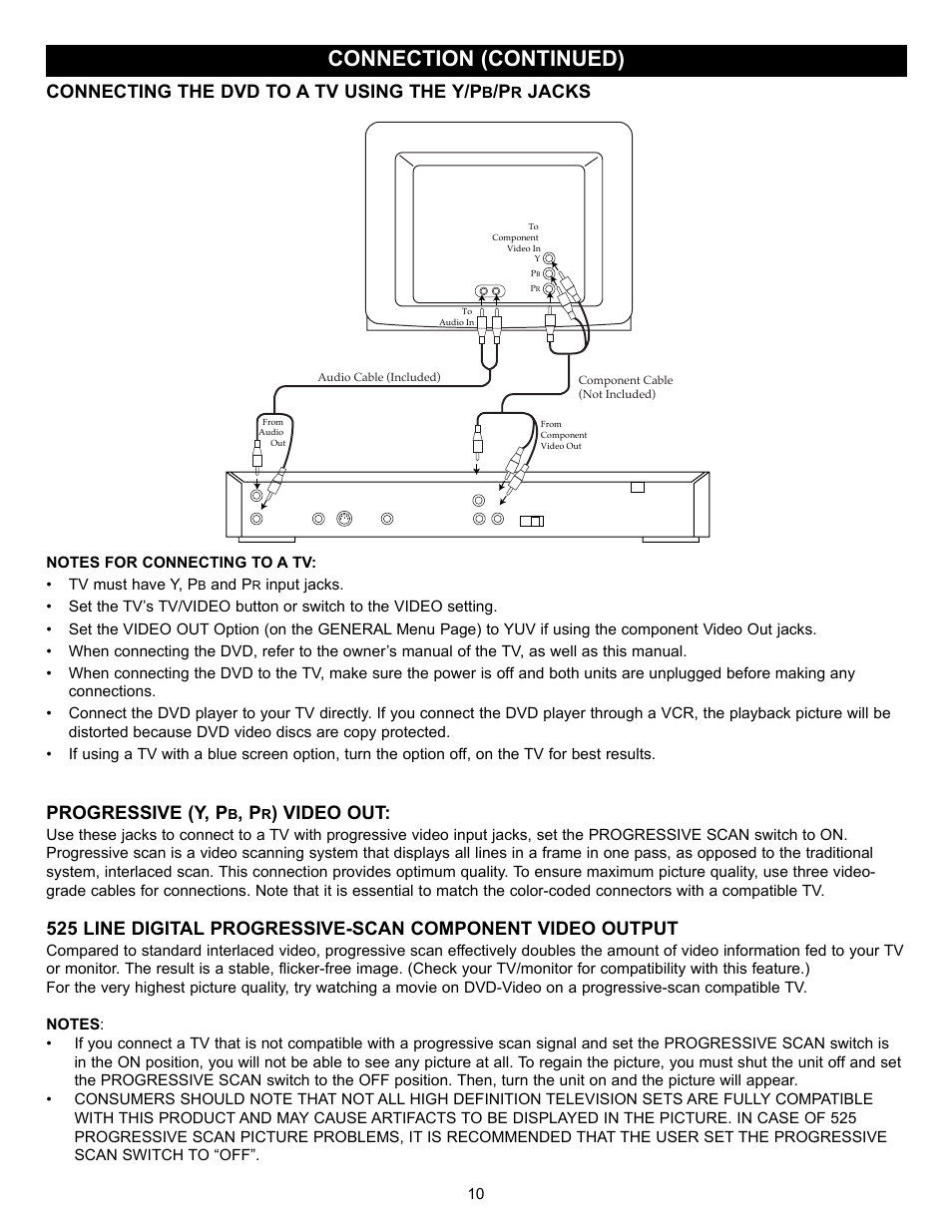 Connection (continued), Connecting the dvd to a tv using the y/p, Jacks progressive (y, p | Video out | Memorex MVD2037 User Manual | Page 11 / 36