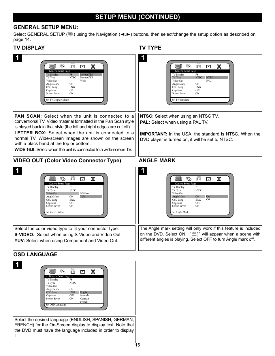 Setup menu (continued), General setup menu, Tv display tv type | Video out (color video connector type) angle mark, Osd language | Memorex MVD2037 User Manual | Page 16 / 36