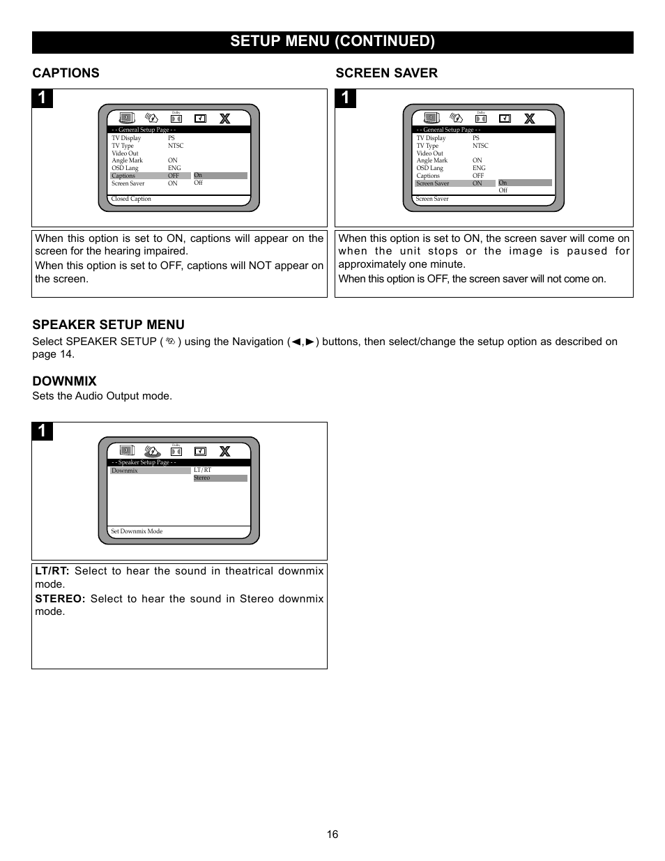 Setup menu (continued), Captions screen saver, Speaker setup menu | Downmix, Sets the audio output mode | Memorex MVD2037 User Manual | Page 17 / 36