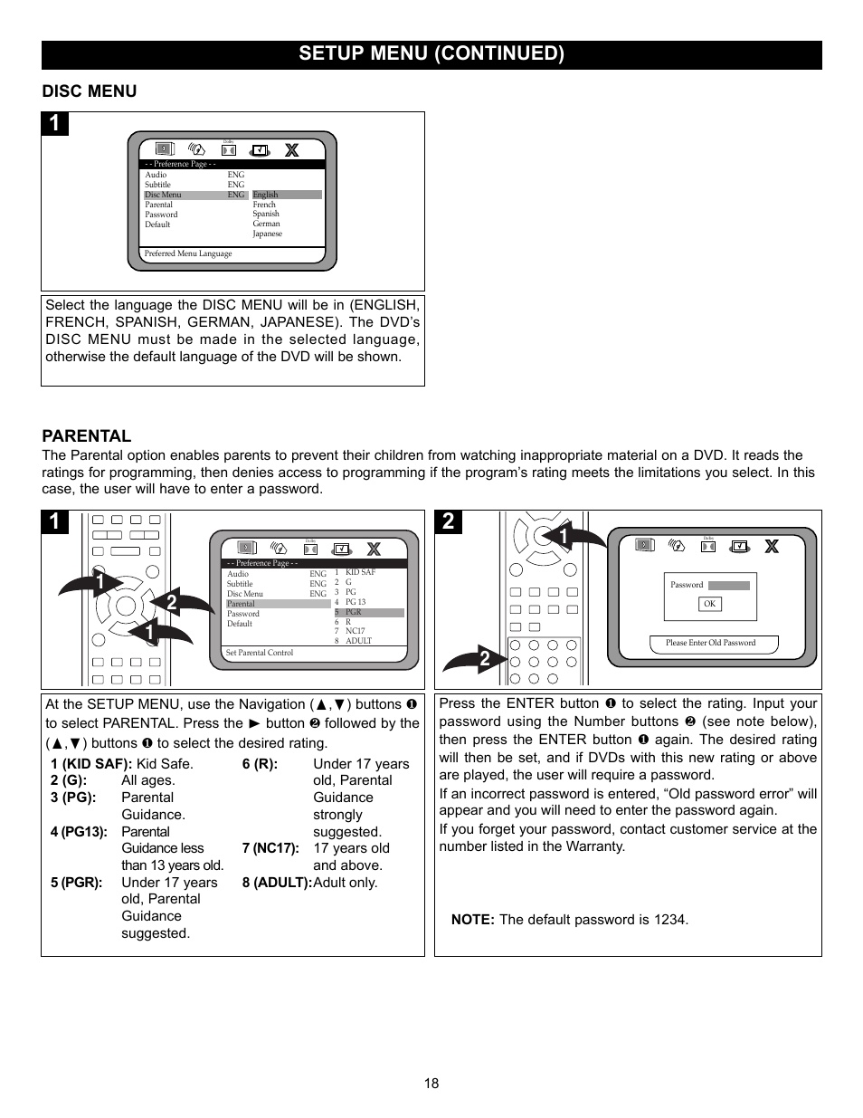 Setup menu (continued), Disc menu, Parental | Memorex MVD2037 User Manual | Page 19 / 36