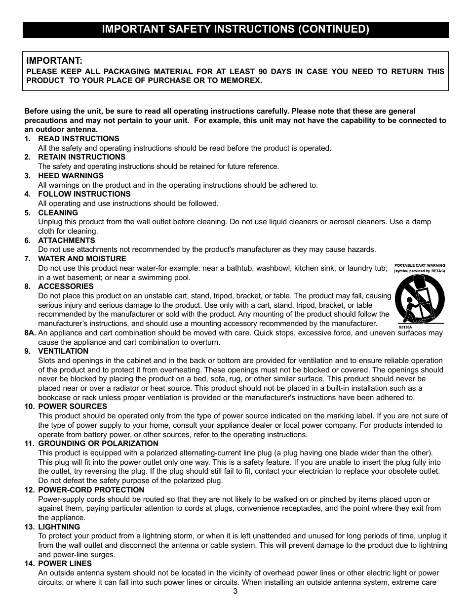 Important safety instructions (continued) | Memorex MVD2037 User Manual | Page 4 / 36