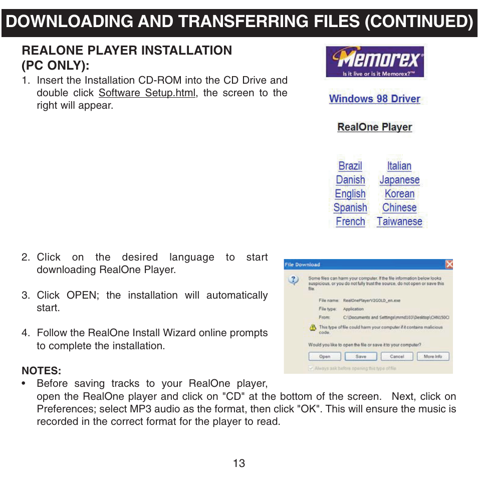 Downloading and transferring files (continued) | Memorex MHD8015 User Manual | Page 14 / 41