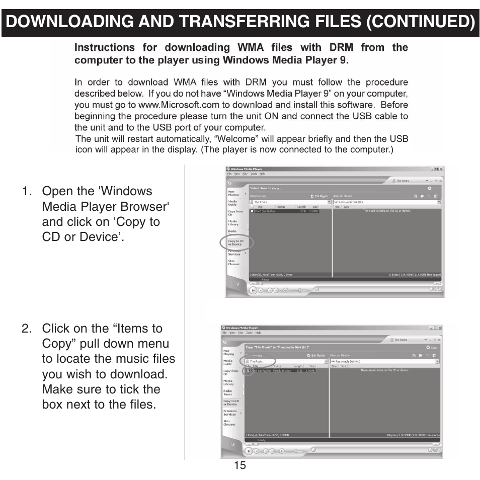 Downloading and transferring files (continued) | Memorex MHD8015 User Manual | Page 16 / 41