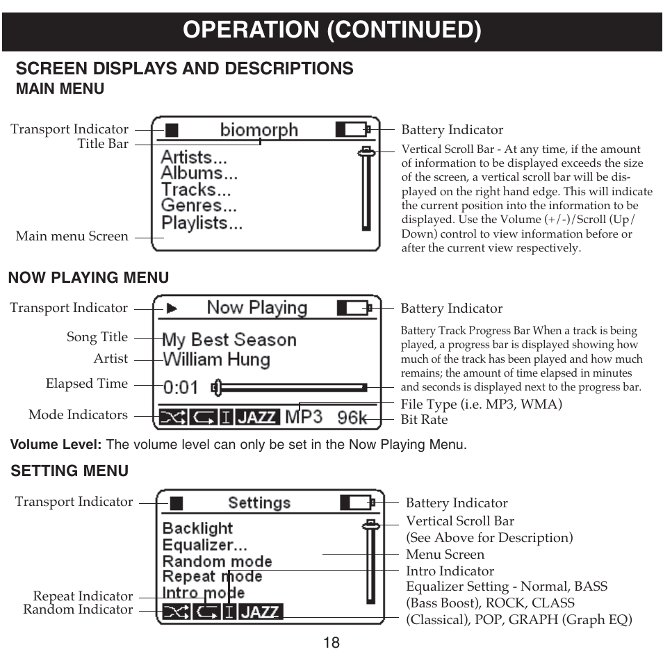 Operation (continued), Screen displays and descriptions, Main menu | Setting menu now playing menu | Memorex MHD8015 User Manual | Page 19 / 41