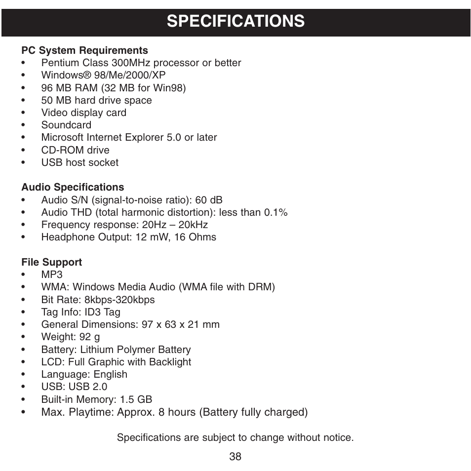 Specifications | Memorex MHD8015 User Manual | Page 39 / 41