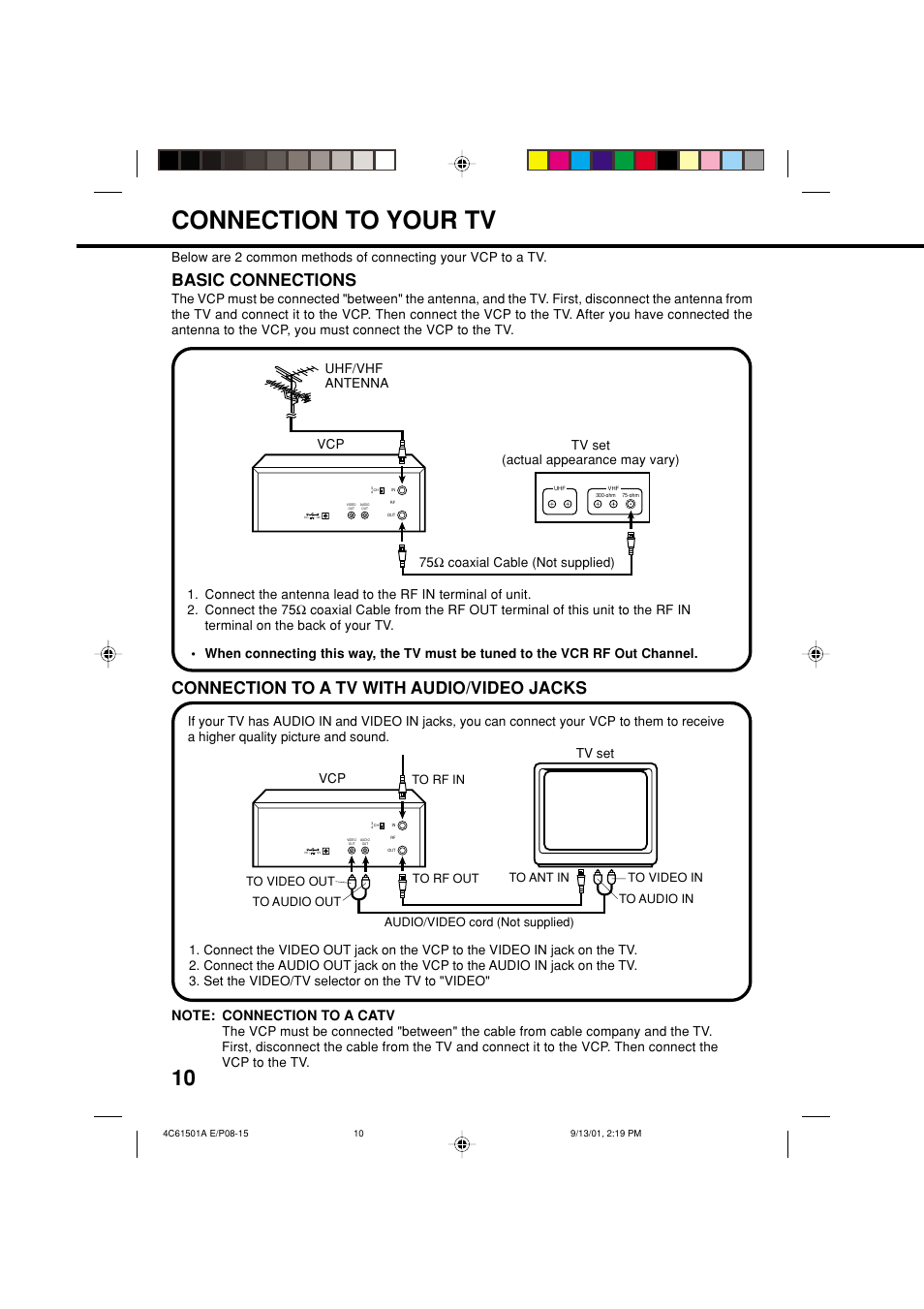 Connection to your tv, Connection to a tv with audio/video jacks, Basic connections | Vcp tv set | Memorex MVP0028 User Manual | Page 10 / 21