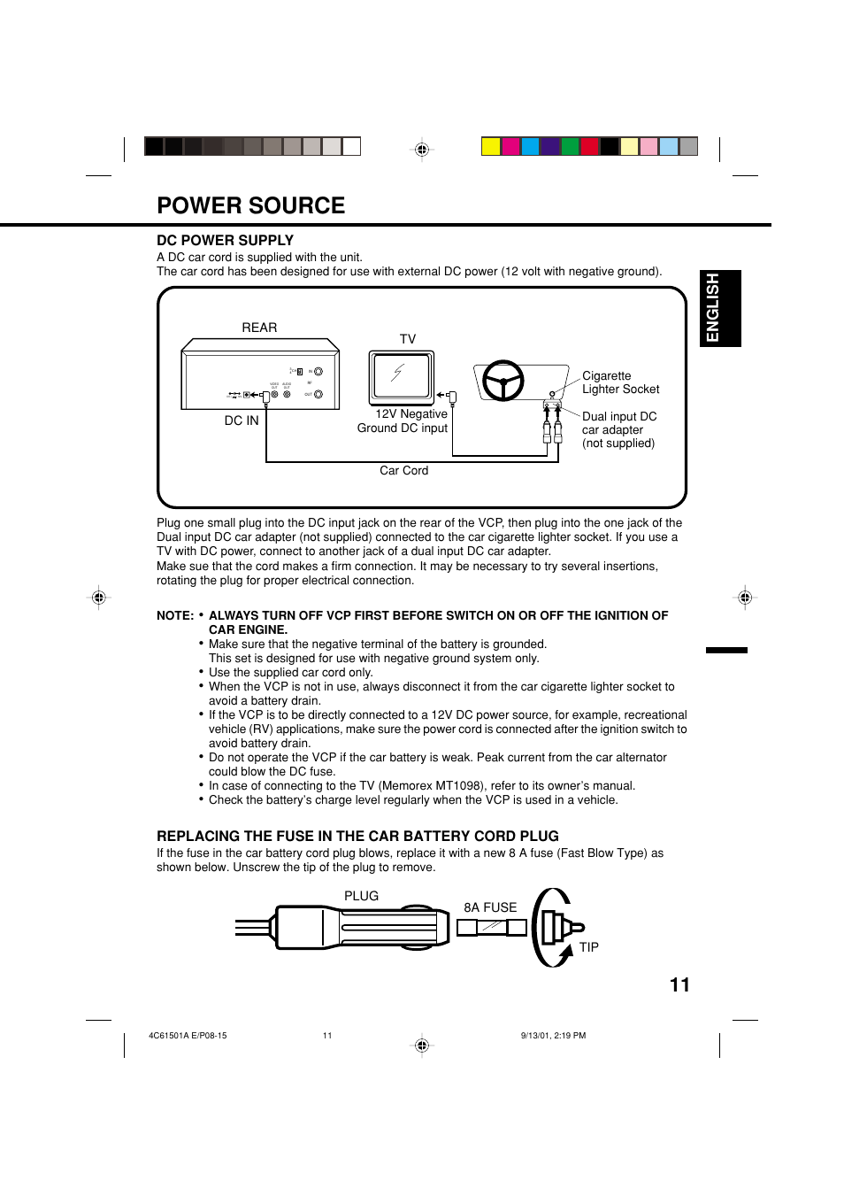 Power source, English, Dc power supply | Replacing the fuse in the car battery cord plug | Memorex MVP0028 User Manual | Page 11 / 21