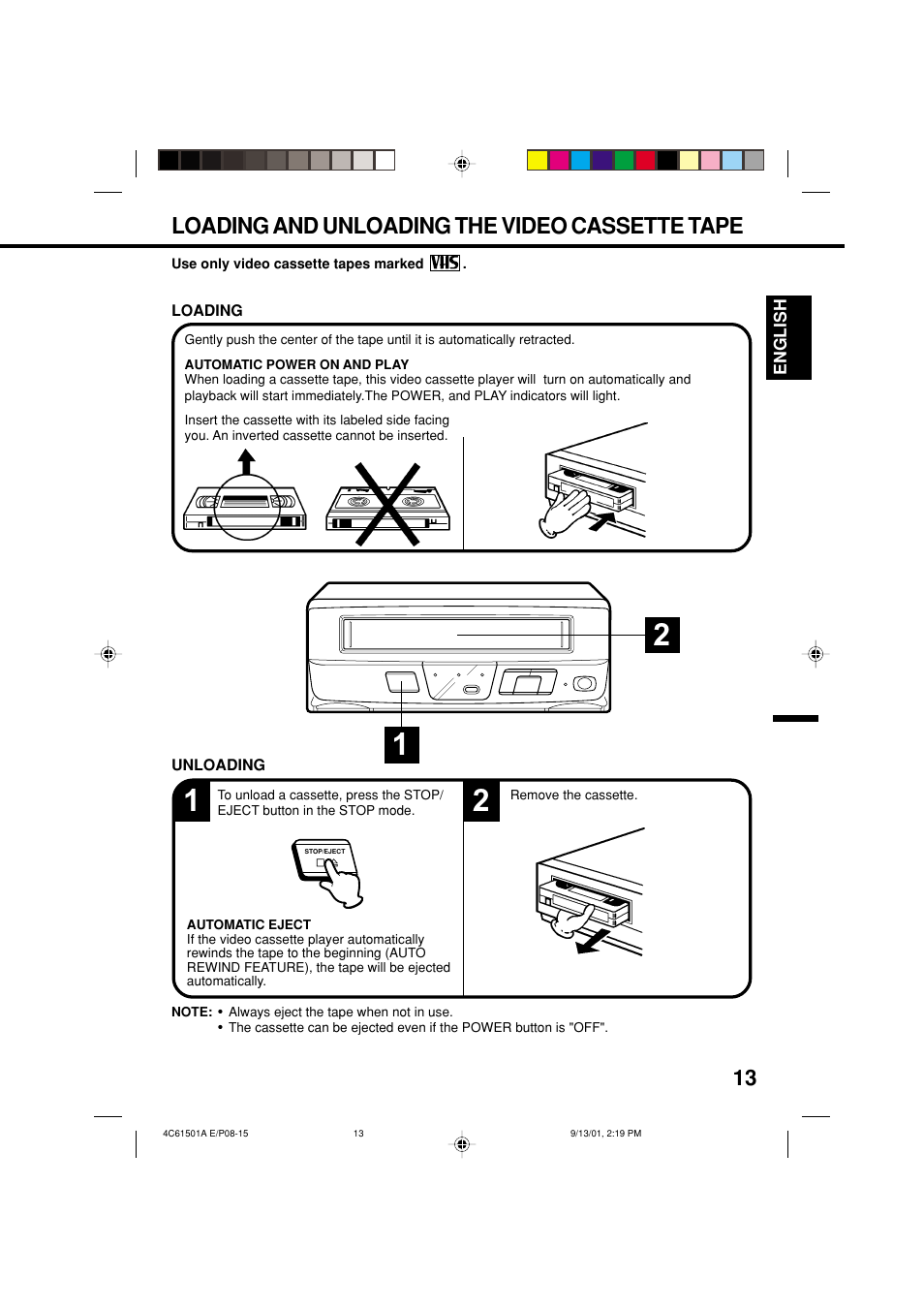 Loading and unloading the video cassette tape | Memorex MVP0028 User Manual | Page 13 / 21