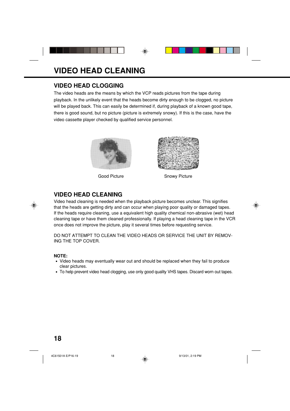 Video head cleaning, Video head clogging video head cleaning | Memorex MVP0028 User Manual | Page 18 / 21