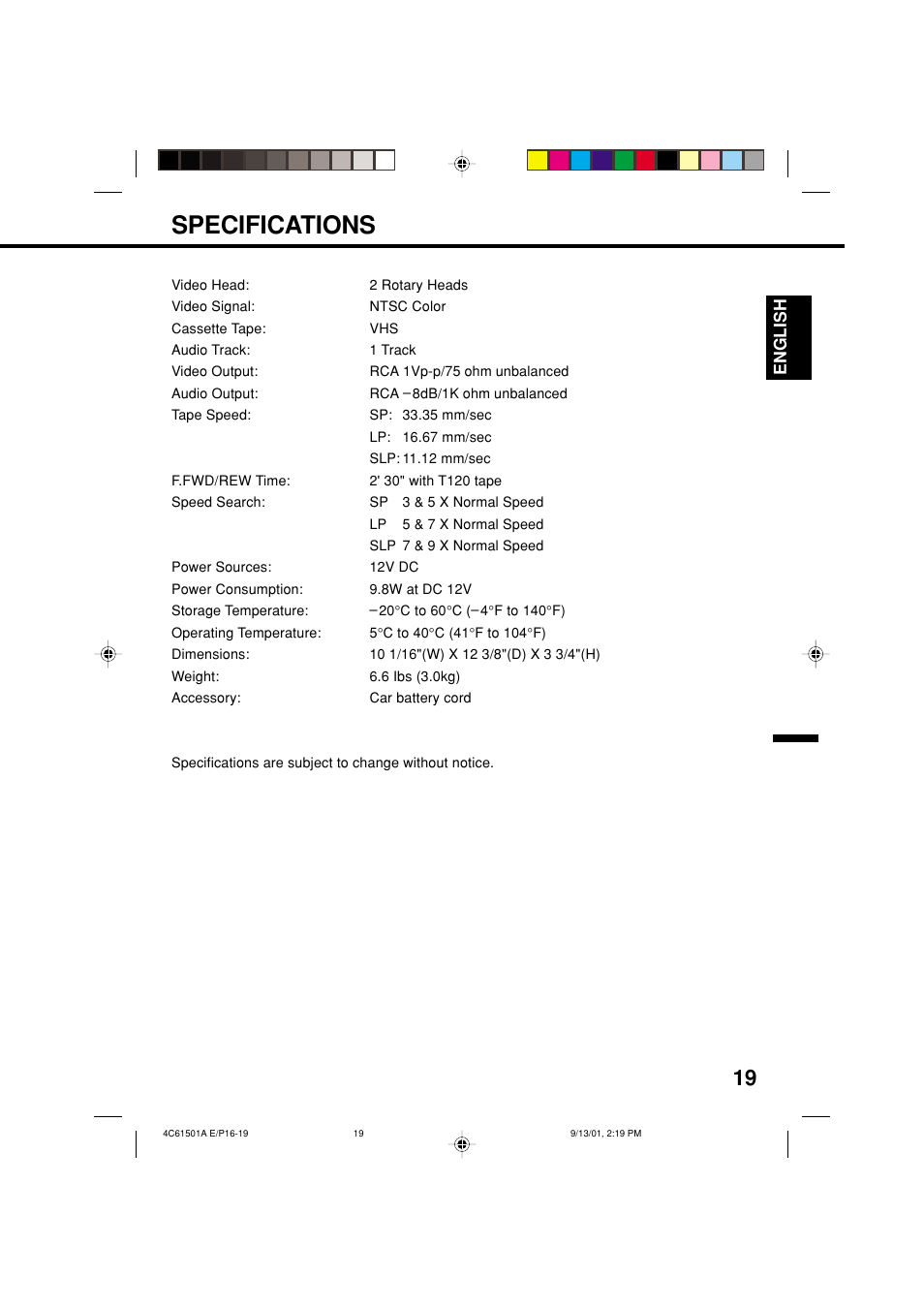 Specifications | Memorex MVP0028 User Manual | Page 19 / 21