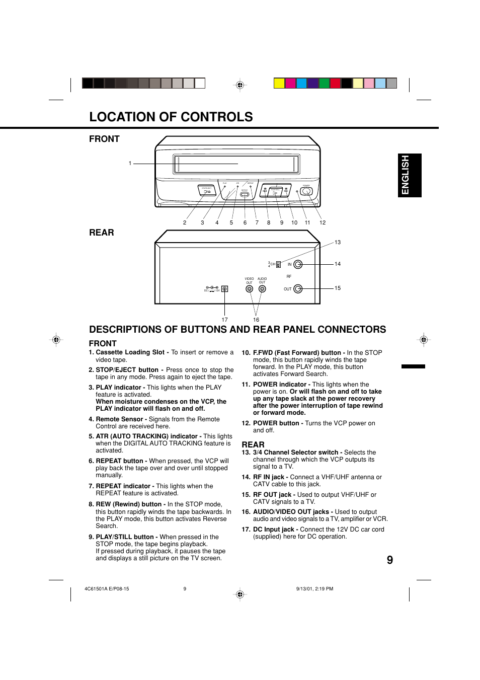Location of controls, Descriptions of buttons and rear panel connectors, English | Front, Rear | Memorex MVP0028 User Manual | Page 9 / 21
