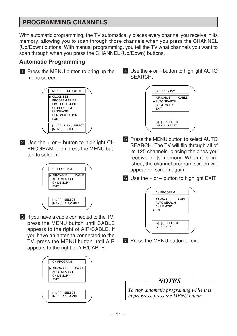 Programming channels, Automatic programming, F use the + or – button to highlight auto search | J press the menu button to exit | Memorex MT1091 User Manual | Page 12 / 20