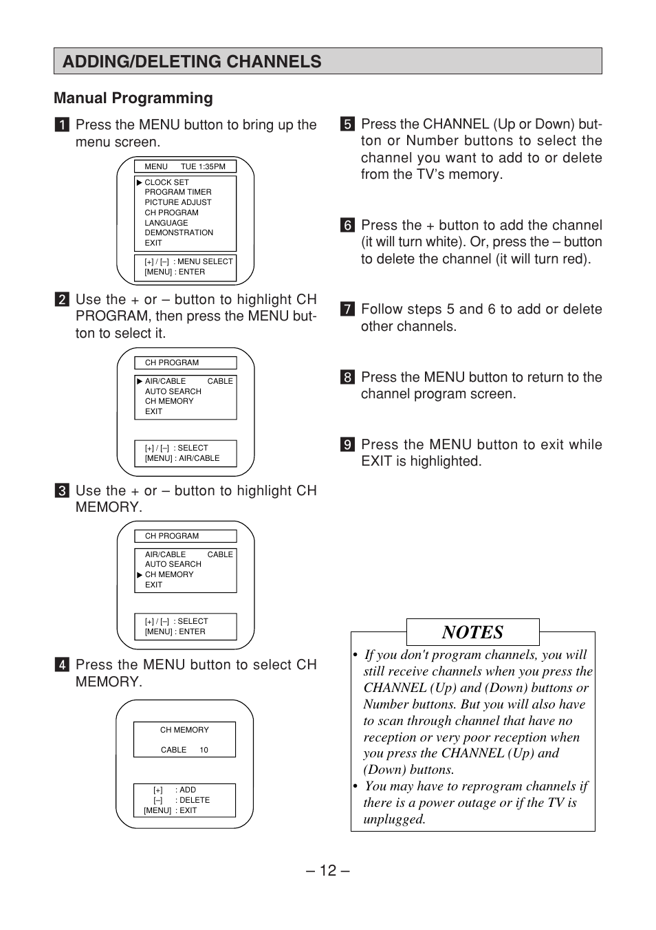 Adding/deleting channels, Manual programming | Memorex MT1091 User Manual | Page 13 / 20