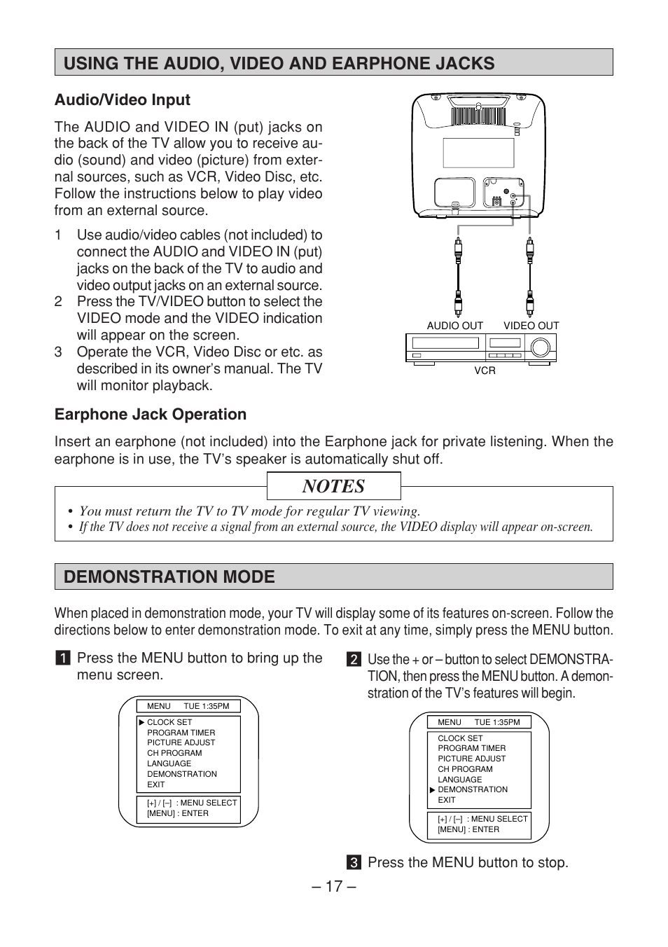 Using the audio, video and earphone jacks, Demonstration mode, Audio/video input | Earphone jack operation | Memorex MT1091 User Manual | Page 18 / 20