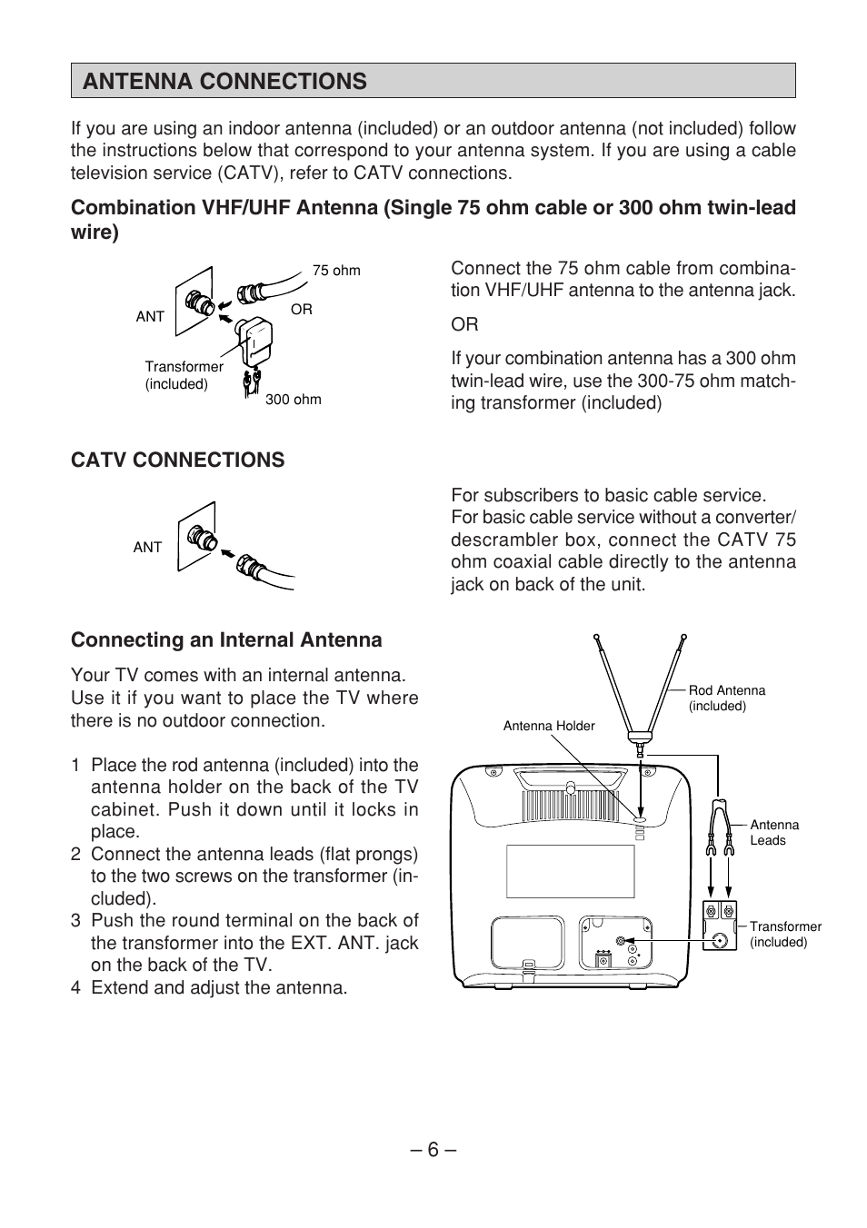 Antenna connections, Catv connections, Connecting an internal antenna | Memorex MT1091 User Manual | Page 7 / 20