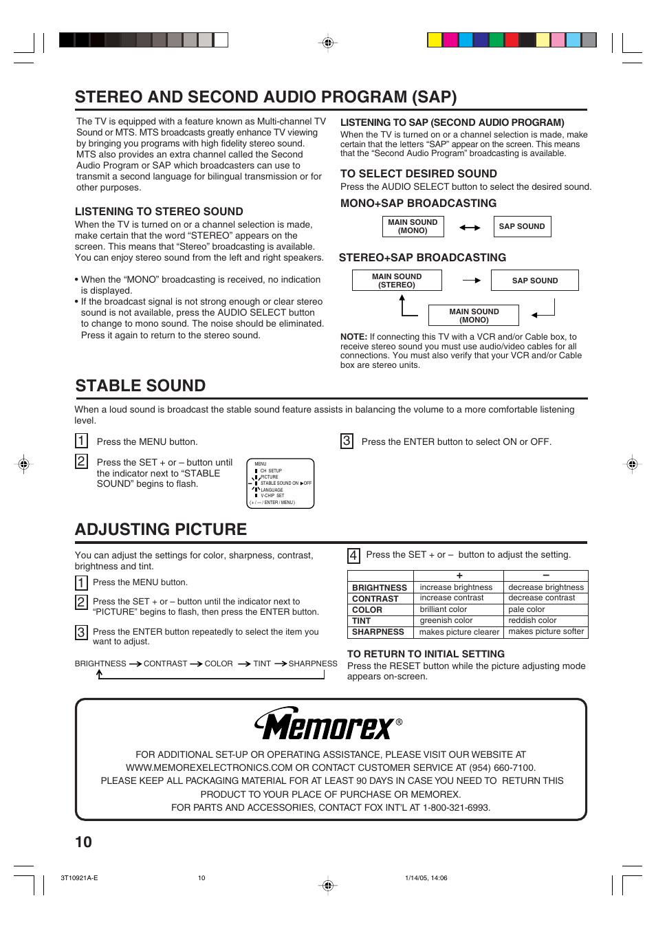 Adjusting picture, Stereo and second audio program (sap), Stable sound | Memorex MT2274A User Manual | Page 10 / 24