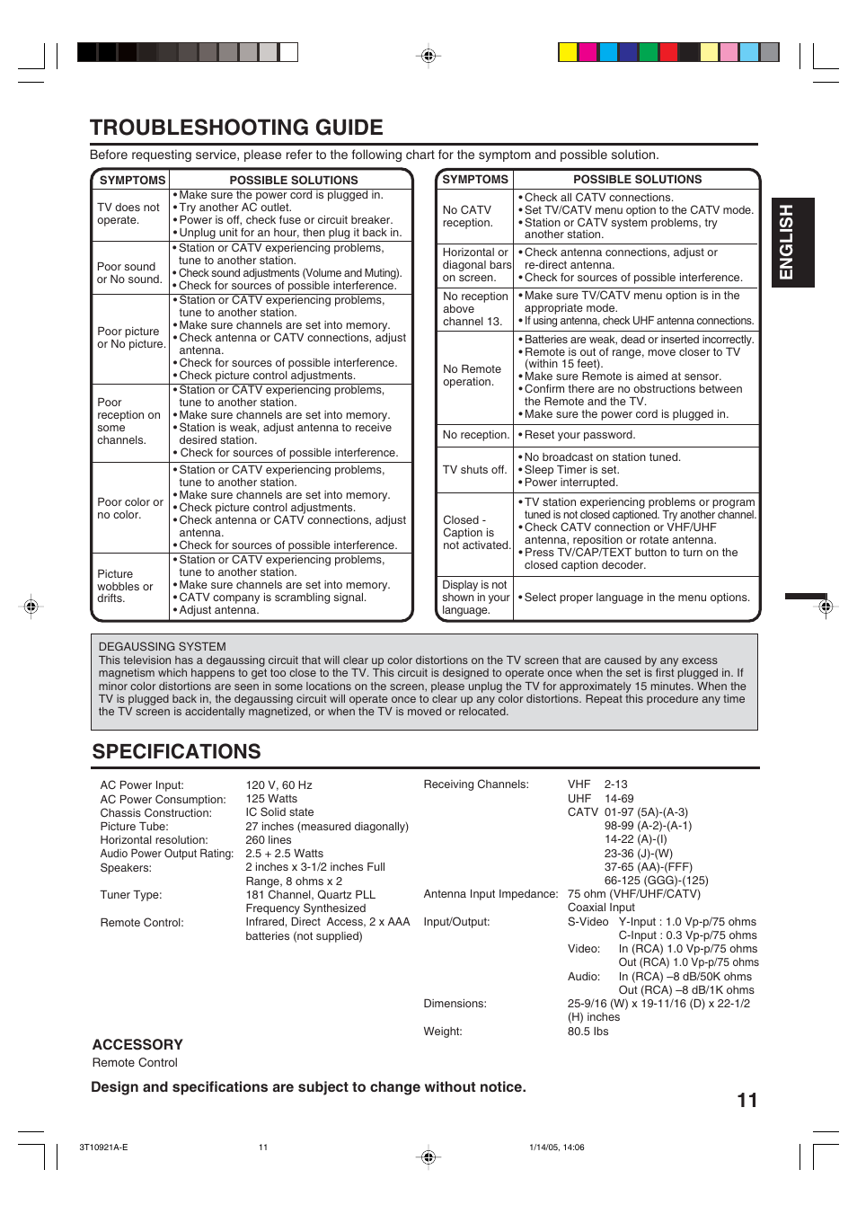 Troubleshooting guide, Specifications, English | Accessory | Memorex MT2274A User Manual | Page 11 / 24