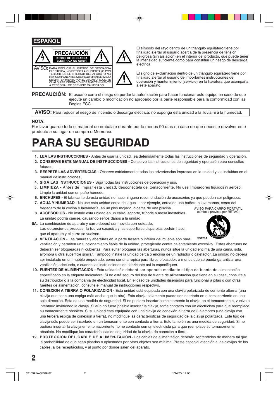 Para su seguridad, Español, Aviso | Memorex MT2274A User Manual | Page 14 / 24