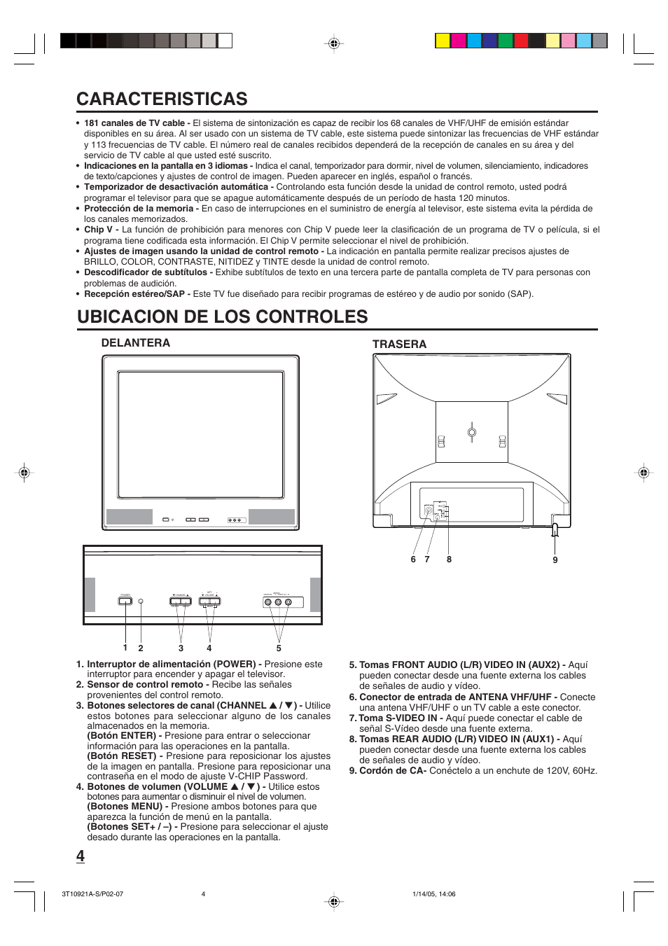 Caracteristicas ubicacion de los controles, Delantera, Trasera | Memorex MT2274A User Manual | Page 16 / 24