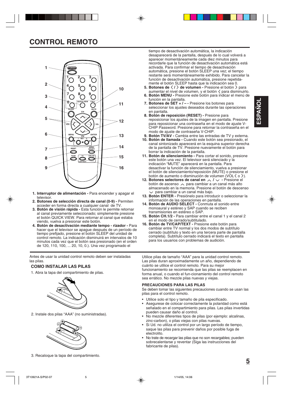 Control remoto, Esp añol | Memorex MT2274A User Manual | Page 17 / 24