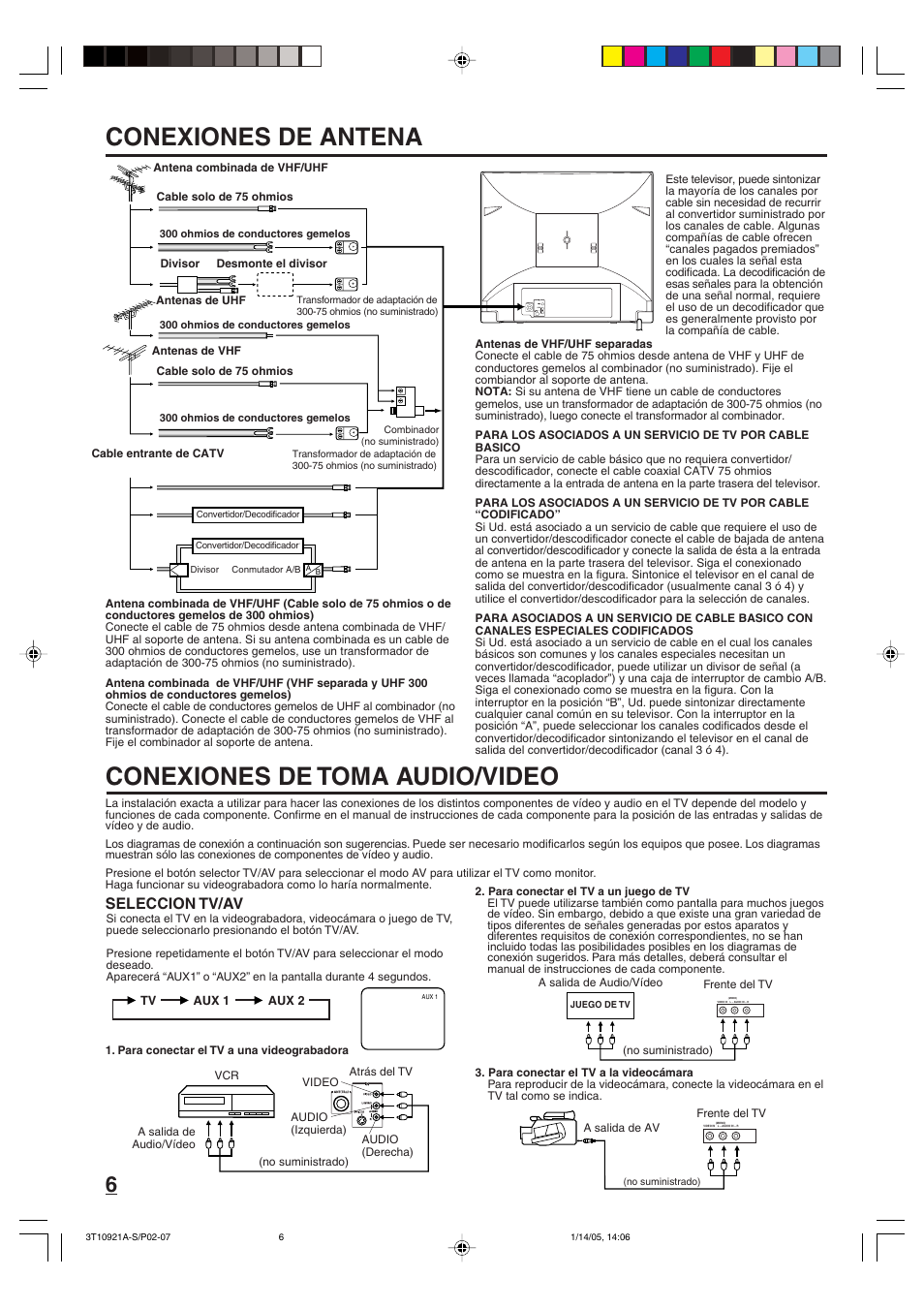 Conexiones de antena, Conexiones de toma audio/video, Seleccion tv/av | Memorex MT2274A User Manual | Page 18 / 24